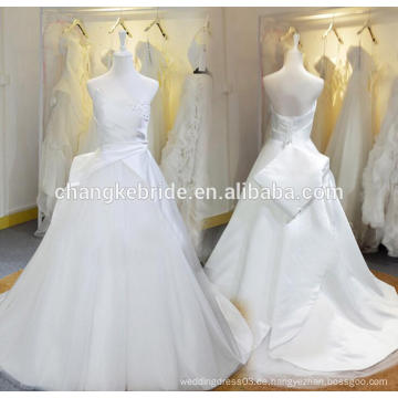 2016 Designer White Lace Satin eine Linie trägerlosen Perlen Brautkleid Brautkleid nach Maß mit Schnürung zurück